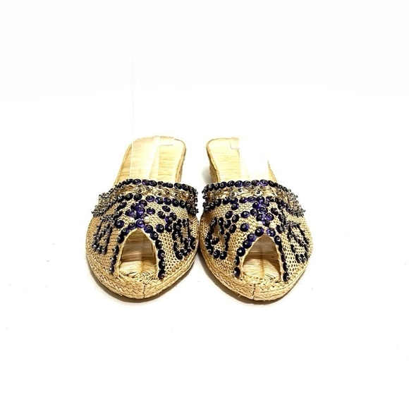 Vintage 1990s purple sequin beaded peep toe rattan wedge espadrille sandals - Picture 3 of 8